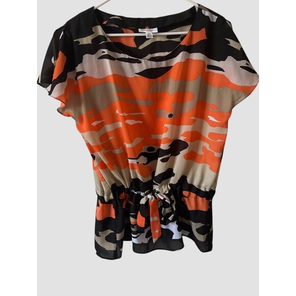 Women’s Tunic Top Blouse Calvin Klein Camo Orange Drawstring Waist Size SM - Picture 1 of 5